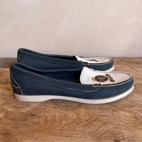 RALPH LAUREN POLO Vtg 80s Nautical Blue White Crest Loafer Deck Shoes 8.5AA Nice